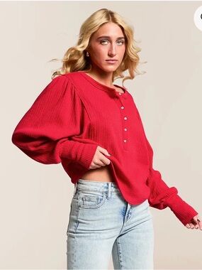 Free People Red Button Henley Long Sleeve Top
